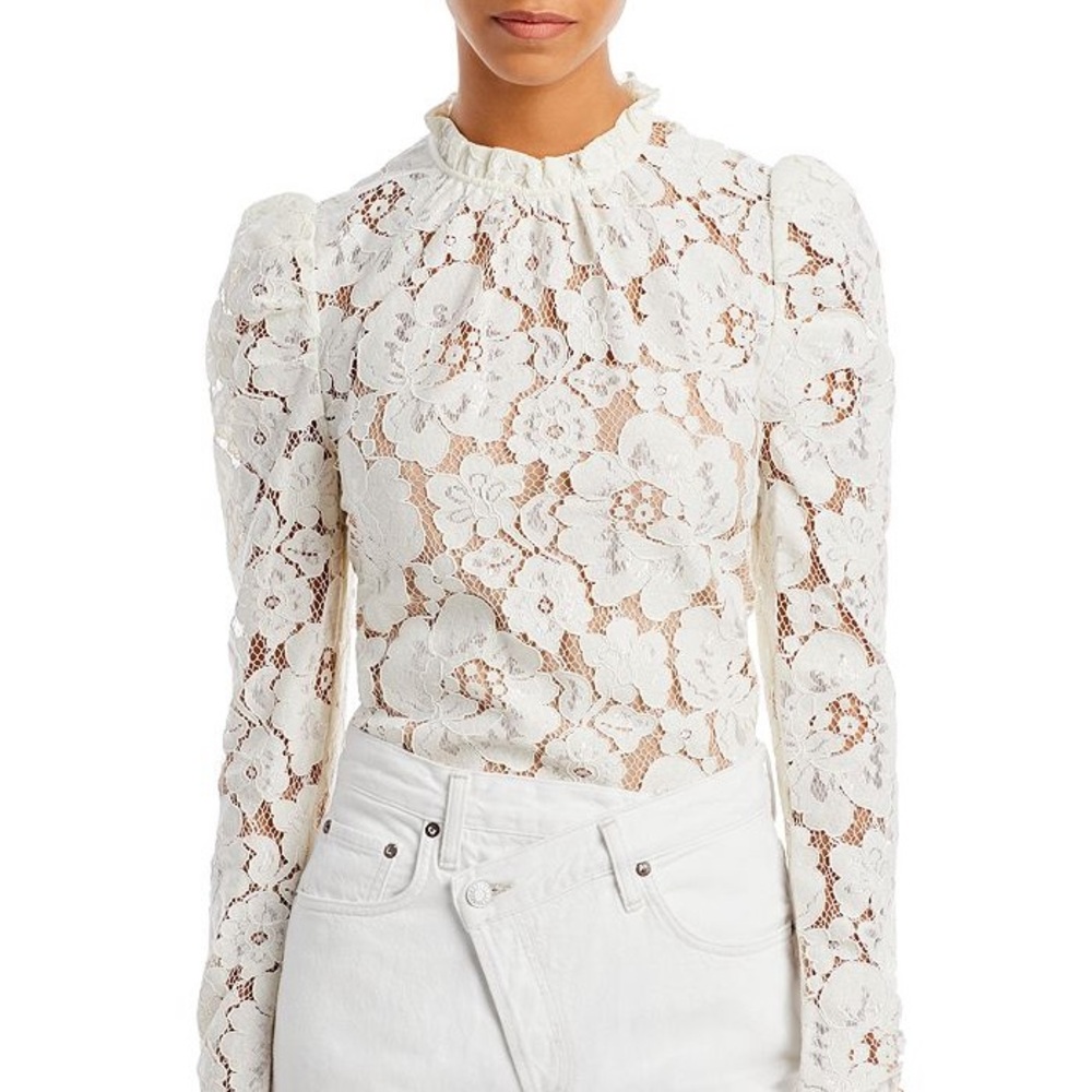 WAYF Emma Puff Sleeve Lace Top with Nude Undershirt